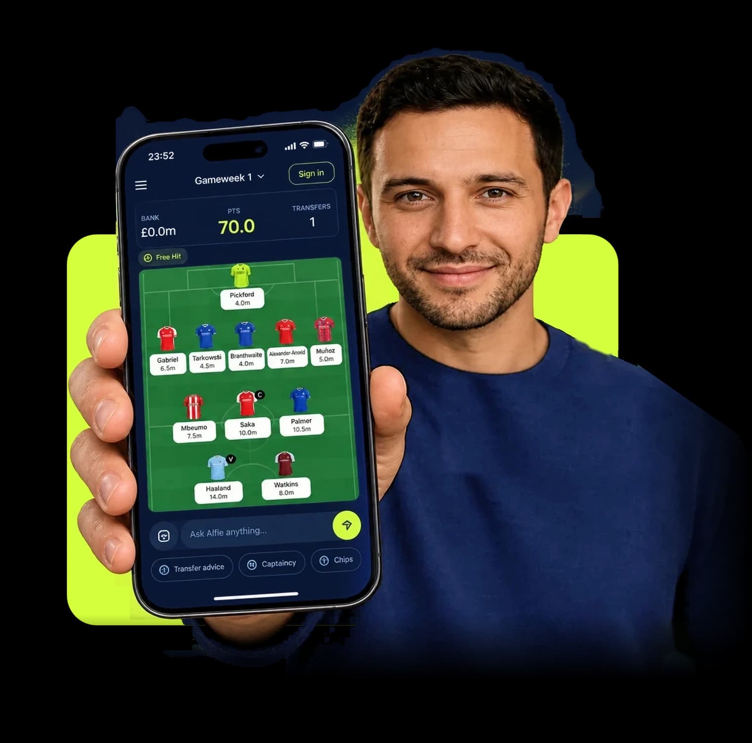 Alfie holding a phone showing the FPL Lad chat